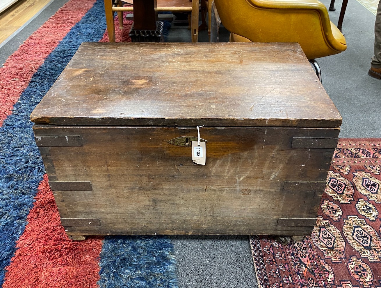 A 19th century brass mounted rectangular hardwood trunk, length 76cm, depth 51cm, height 49cm